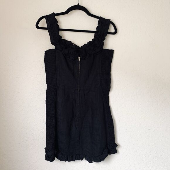 Reformation Bonita Dress 6 Black 100% Linen Ruffle Mini Smocked Preppy Going Out - Picture 7 of 16